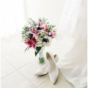 DAVID'S BRIDAL Embroidered Mesh Pointed-Toe Pumps